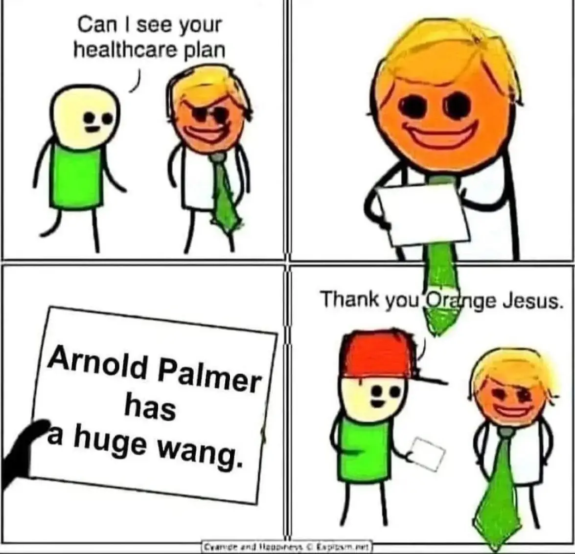 A four-panel comic strip with stick-figure characters. In the first panel, a green stick figure asks an orange stick figure…