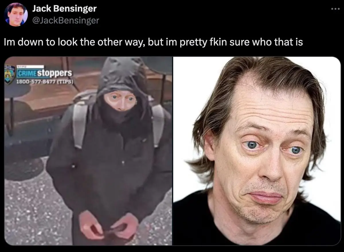 The image displays a split-screen: on the left, a grainy security camera photo of a person in a black hooded jacket and face…