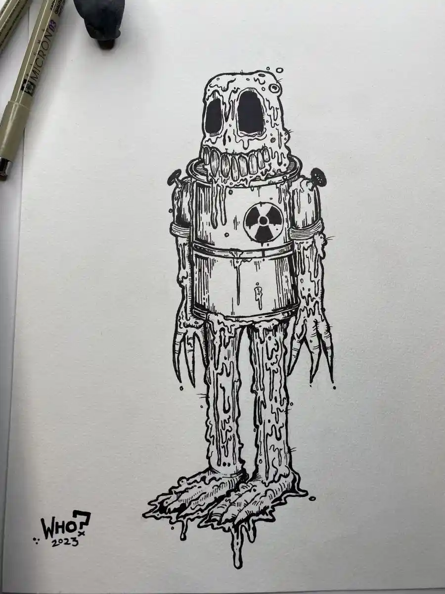 A black-and-white ink drawing on textured paper shows a melting, gooey robot with a skull-like head, dripping limbs, and a…