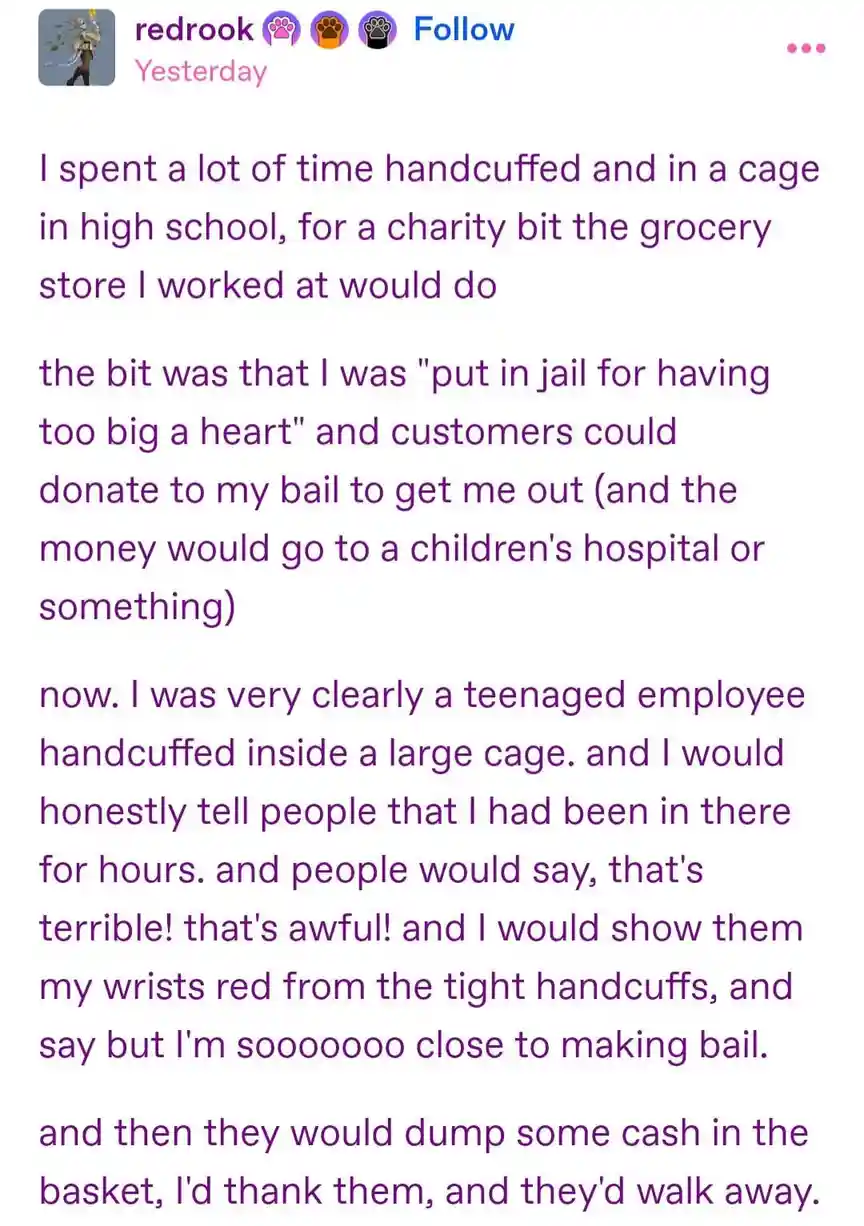 The image displays a screenshot of a social media post by 'redrook' detailing a high school charity event where the poster…