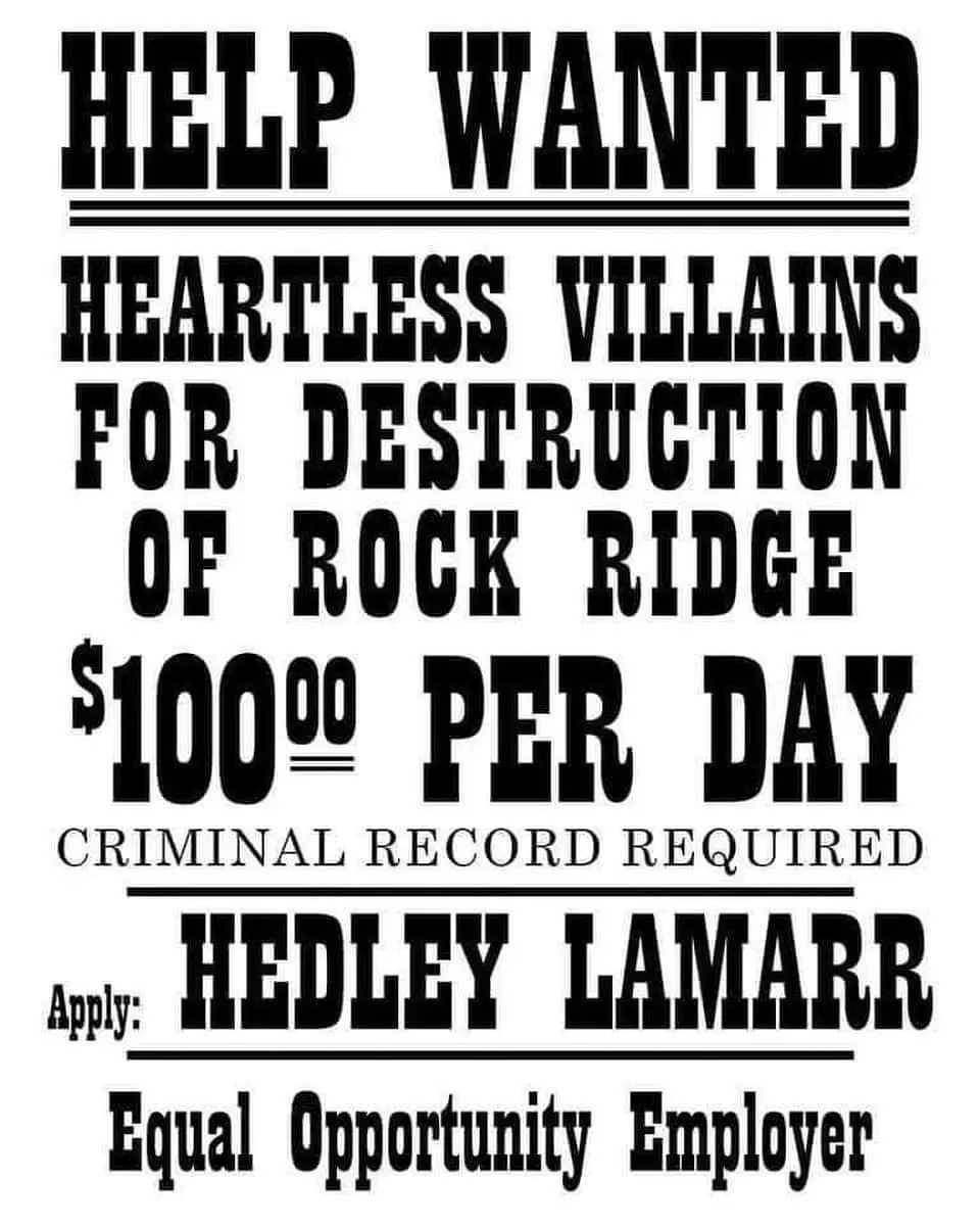 A black-and-white 'help wanted' poster styled like a vintage wanted notice, advertising 'heartless villains' for the…