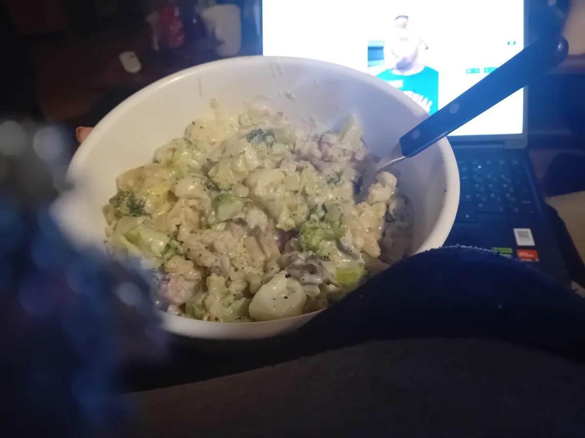 A close-up photo shows a white bowl filled with creamy pasta mixed with broccoli and mushrooms, held in front of a laptop…