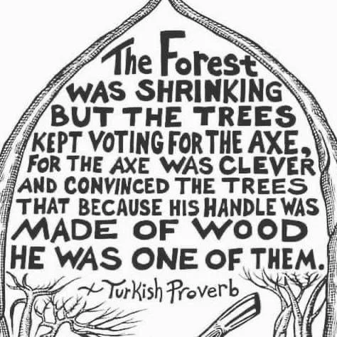 A black-and-white illustration of a tombstone with a humorous text overlaid. The text reads: 'The Forest was shrinking but…