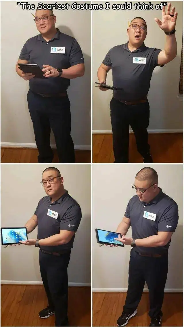 A four-panel image shows a man in an AT&T employee uniform holding a tablet. In the first panel, he smiles while holding the…