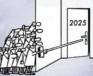 A black-and-white cartoon depicts a crowd of identical, bespectacled, besuited figures pushing a long pole toward a door…
