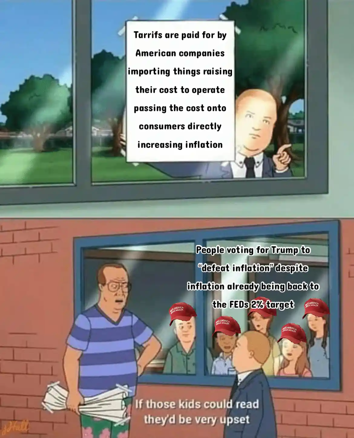 The image shows a scene from the animated show 'King of the Hill' where a man in a suit points at a group of people wearing…