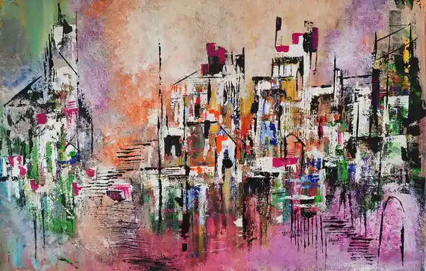 An abstract painting depicts a cityscape with buildings and water, rendered in vibrant, chaotic strokes of pink, orange…