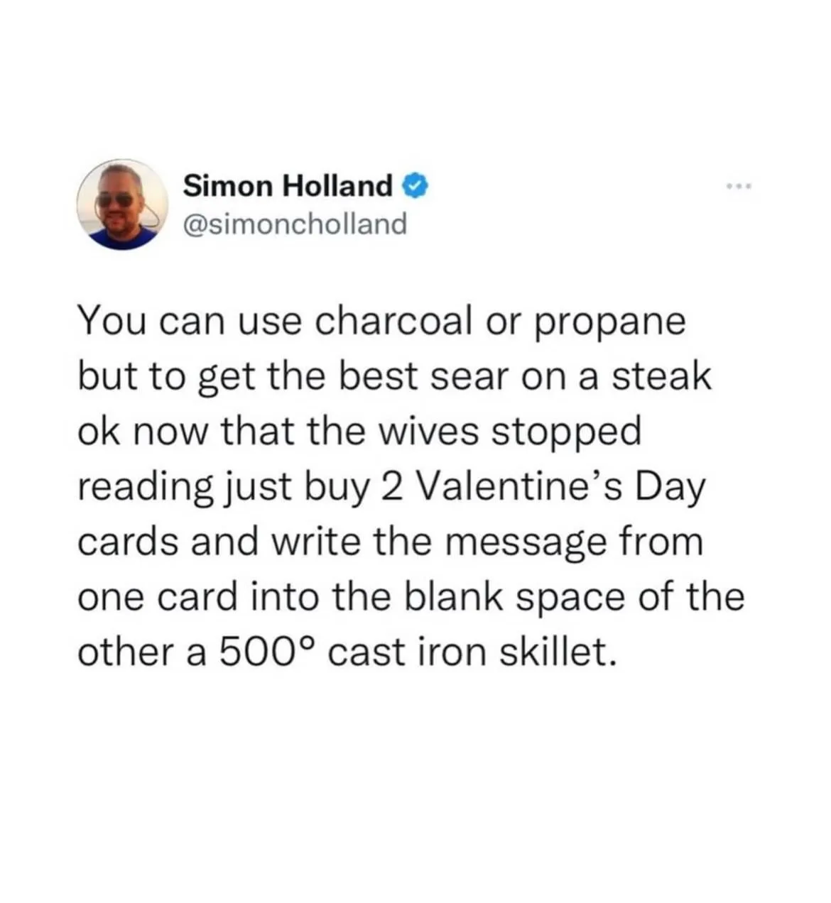 A screenshot of a tweet by Simon Holland (@simoncholland) with a blue verification checkmark. The tweet text humorously…