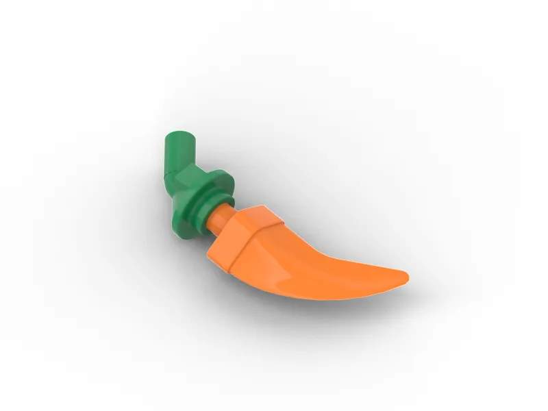 a lego piece with a green stem and orange carrot-shaped body is shown against a plain black background. the overlaid text…