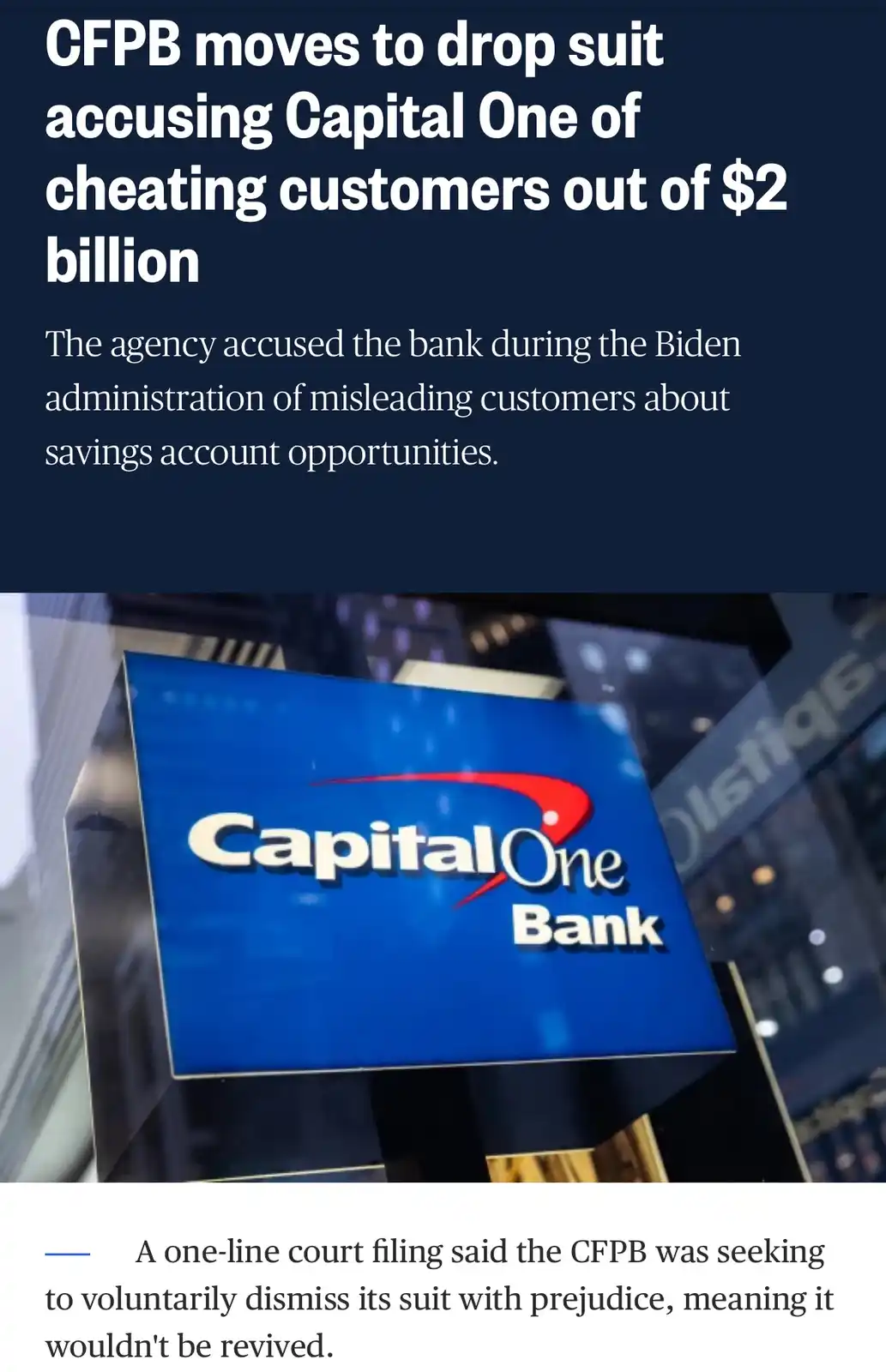 The image displays a news article snippet with a photo of a Capital One Bank sign. The headline reads 'CFPB moves to drop…