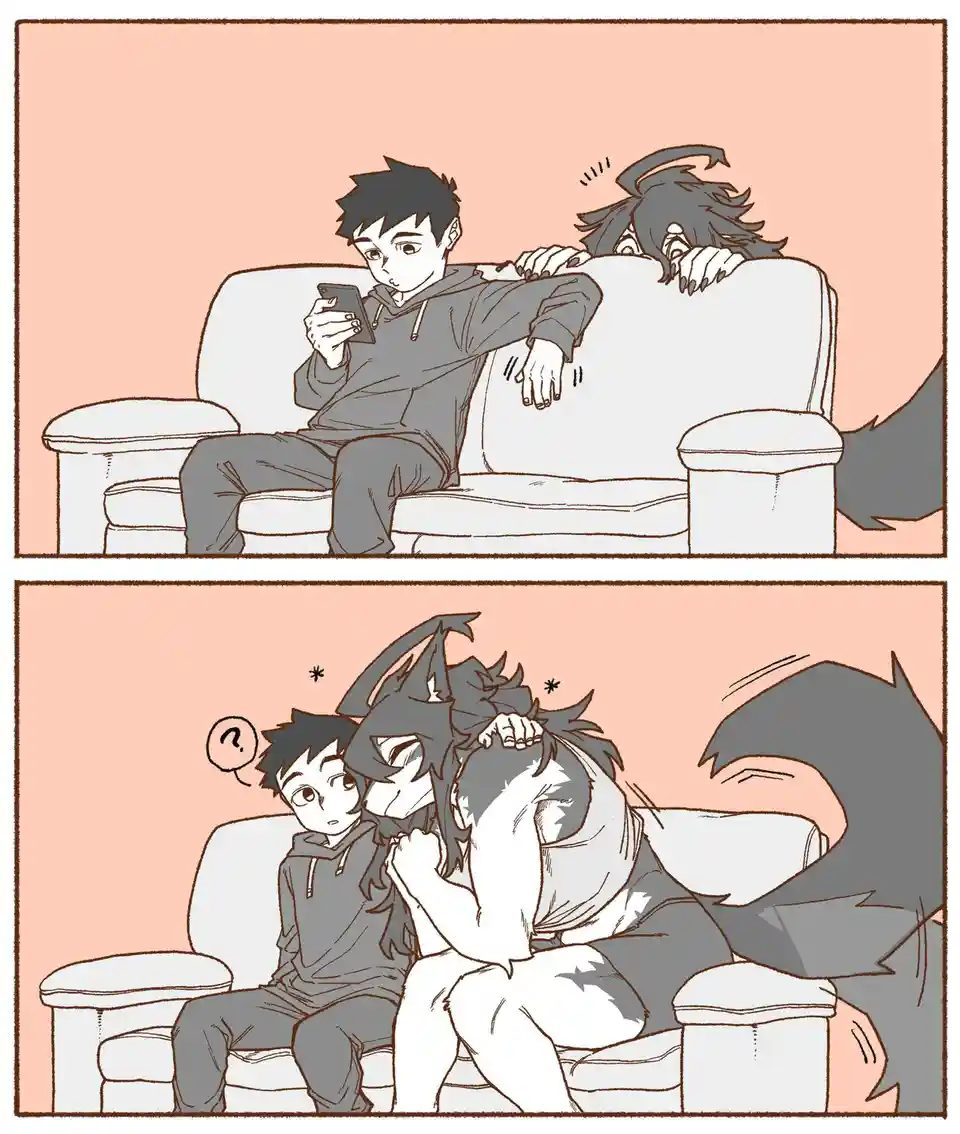 Two anime-style characters are on a couch; the top panel shows one person looking at their phone while another peeks over…