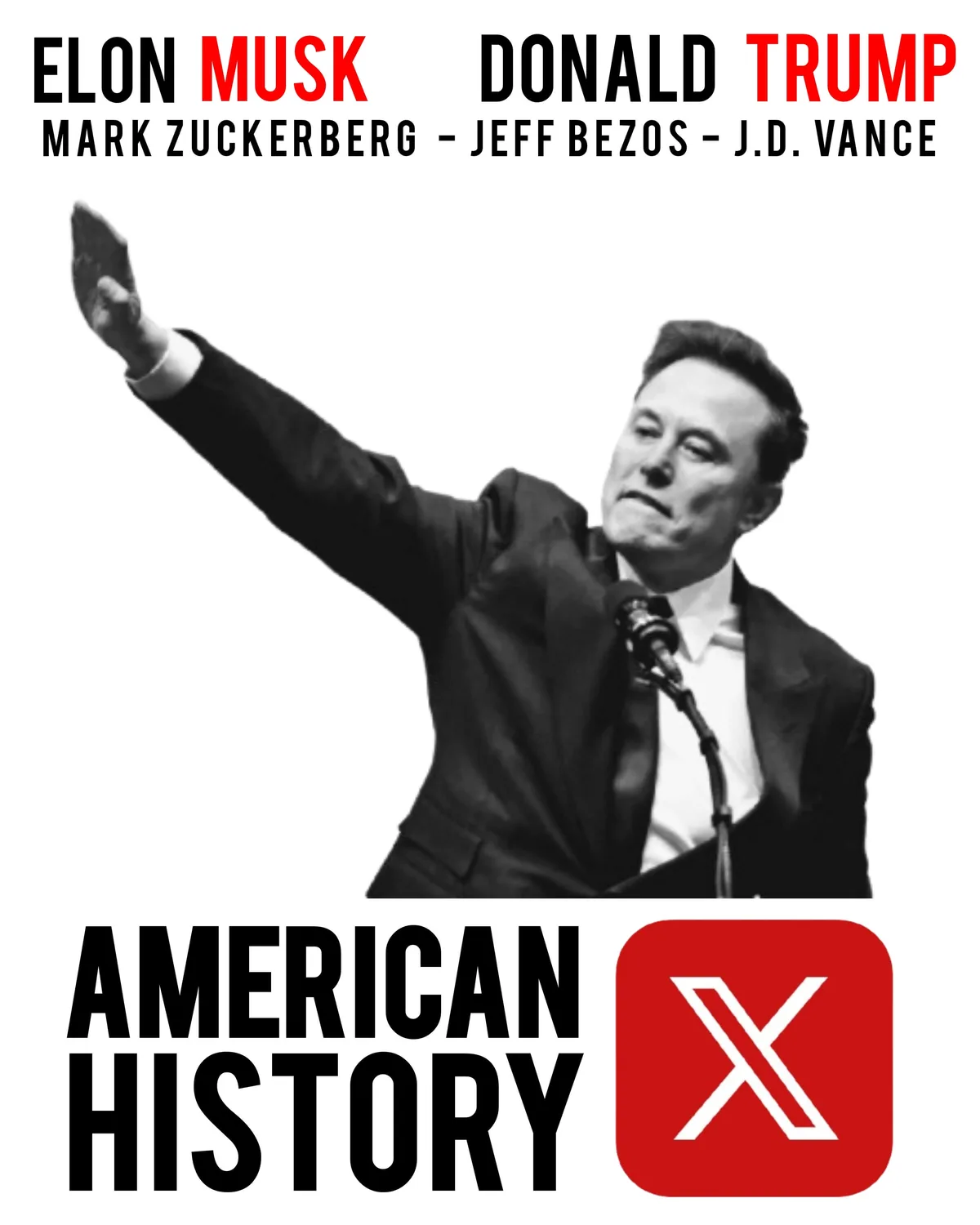 A black-and-white image of Elon Musk raising his right hand in a gesture resembling a salute or wave, standing at a podium…