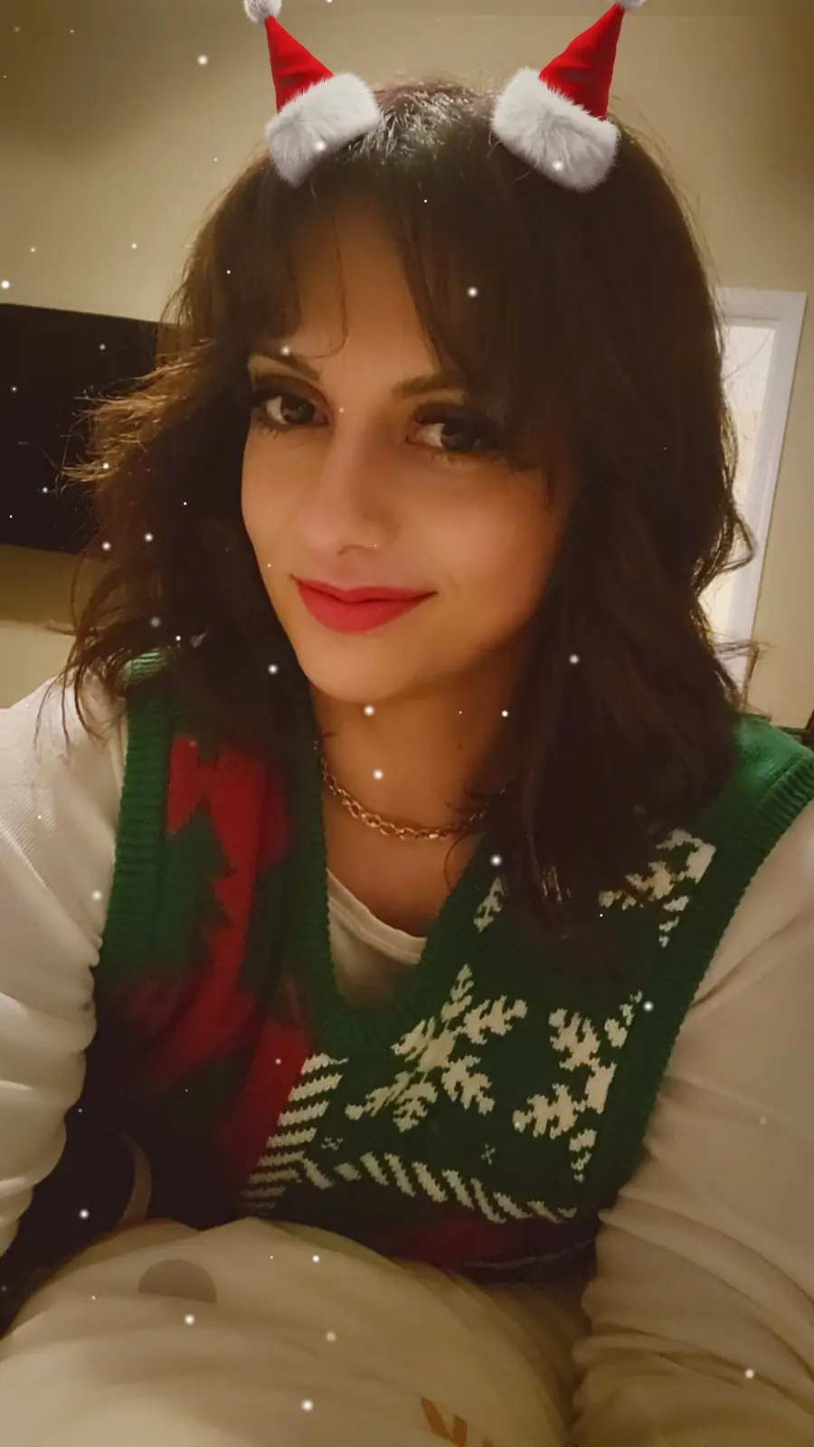 A woman with dark hair and red lipstick smiles at the camera while wearing a festive green sweater vest with red and white…