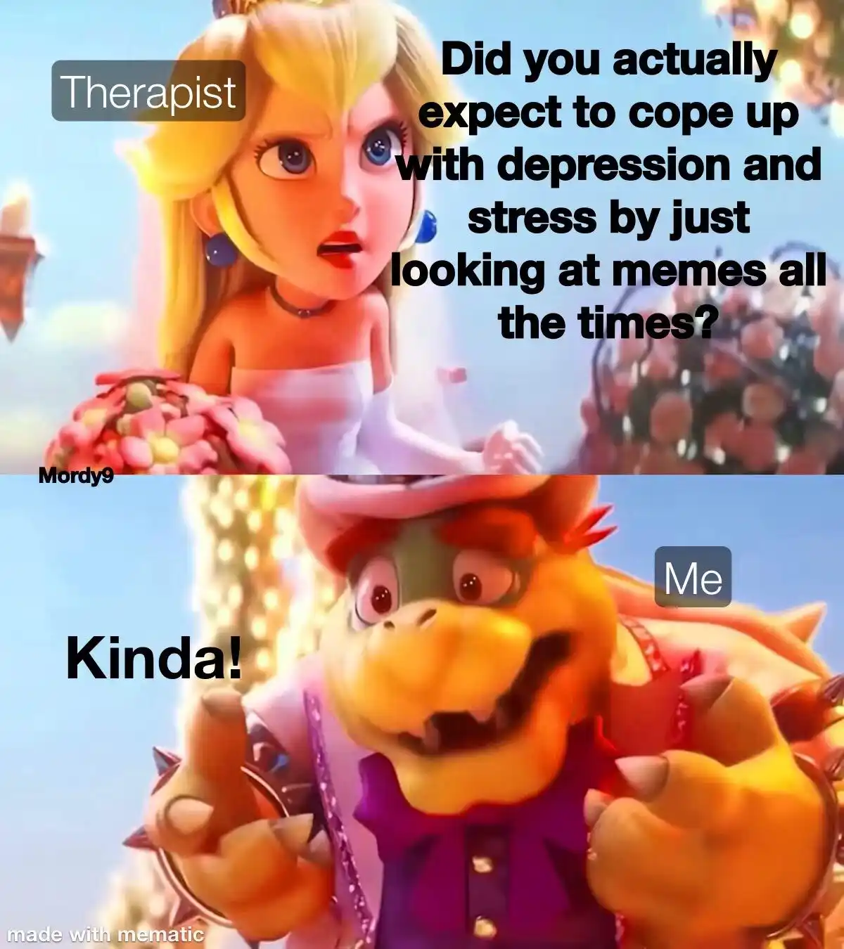 The top panel shows Princess Peach labeled 'Therapist' with a skeptical expression, overlaid with text asking if one…