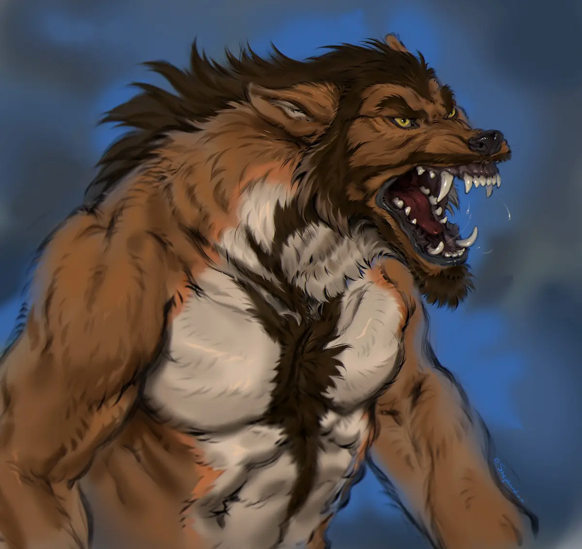 A digitally illustrated anthropomorphic werewolf with brown and white fur, muscular build, and glowing yellow eyes is shown…