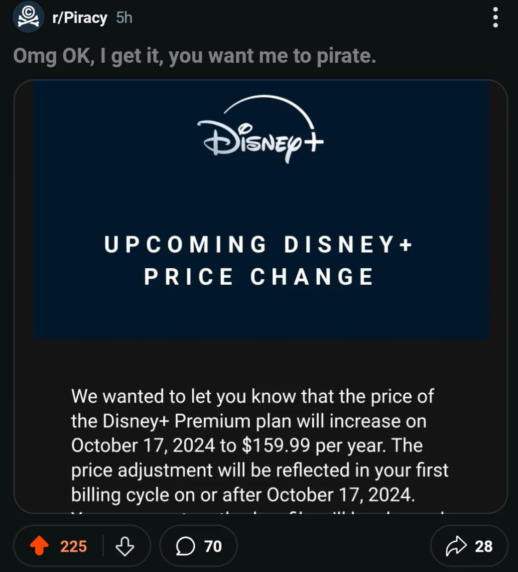 A screenshot of a Disney+ price change notification, showing the Disney+ logo and text announcing a price increase to…