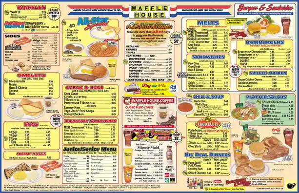 A full-color Waffle House menu from 2004, featuring sections for waffles, breakfast sandwiches, steaks, hashbrowns, and…