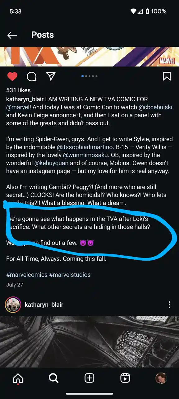 An Instagram post by Katharyn Blair announcing a new TVA comic, with a specific line about Loki's sacrifice and TVA secrets…