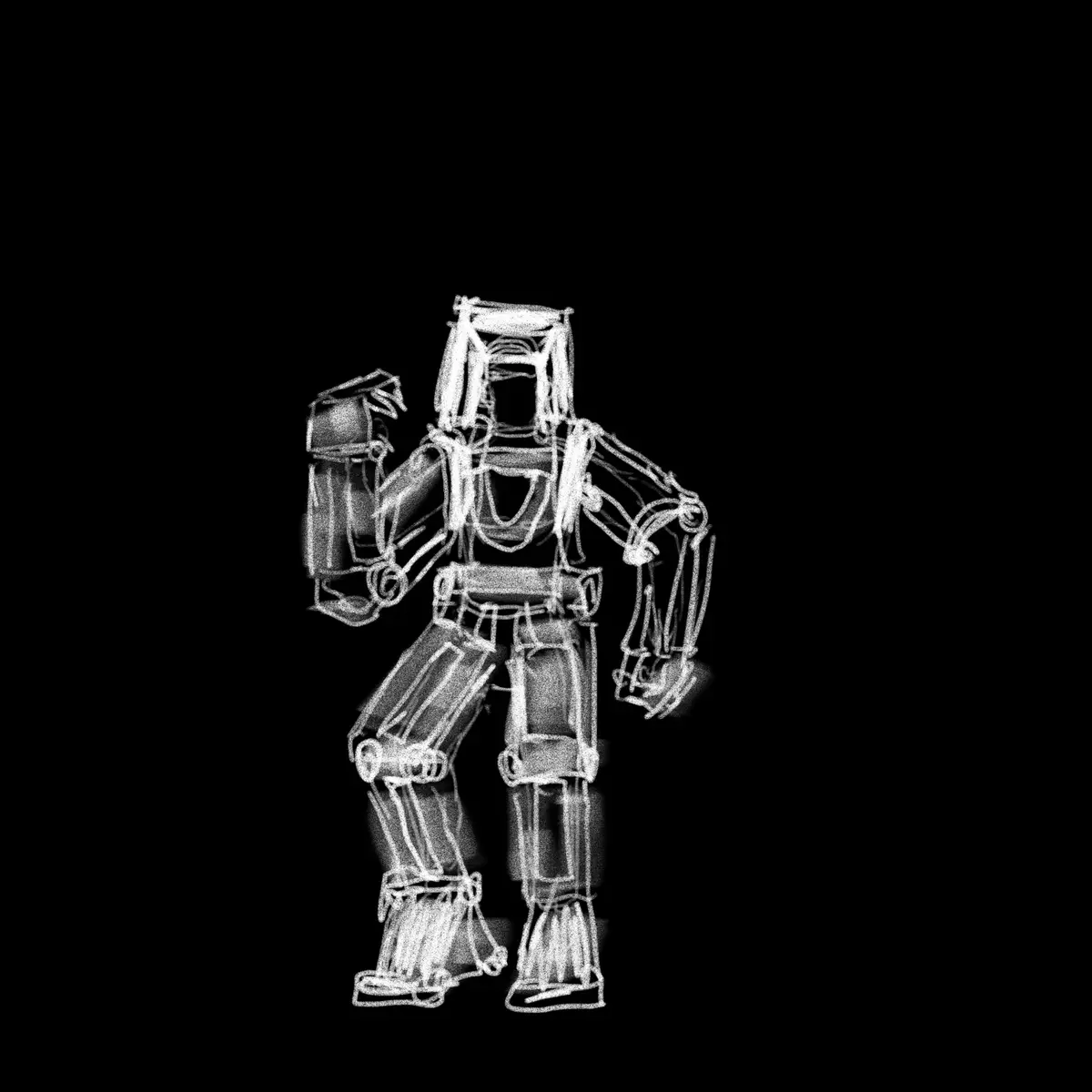 A crude, white chalk-like sketch of a humanoid robot stands against a black background, its right arm raised in a gesture…