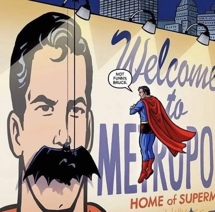 A comic book-style image shows a large billboard with a 'Welcome to Metropolis, Home of Superman' sign. A small Superman…
