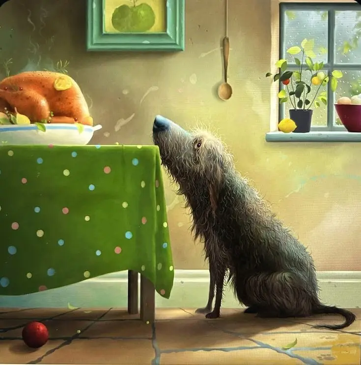 A shaggy, scruffy dog sits on a tiled floor, gazing longingly upward at a roasted turkey on a green polka-dotted tablecloth…