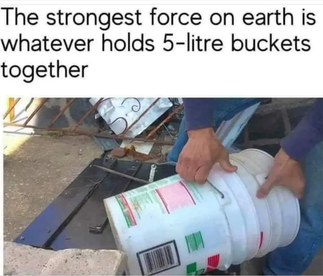 A person is holding a white 5-litre plastic bucket with both hands, struggling to keep it from falling apart. The bucket has…