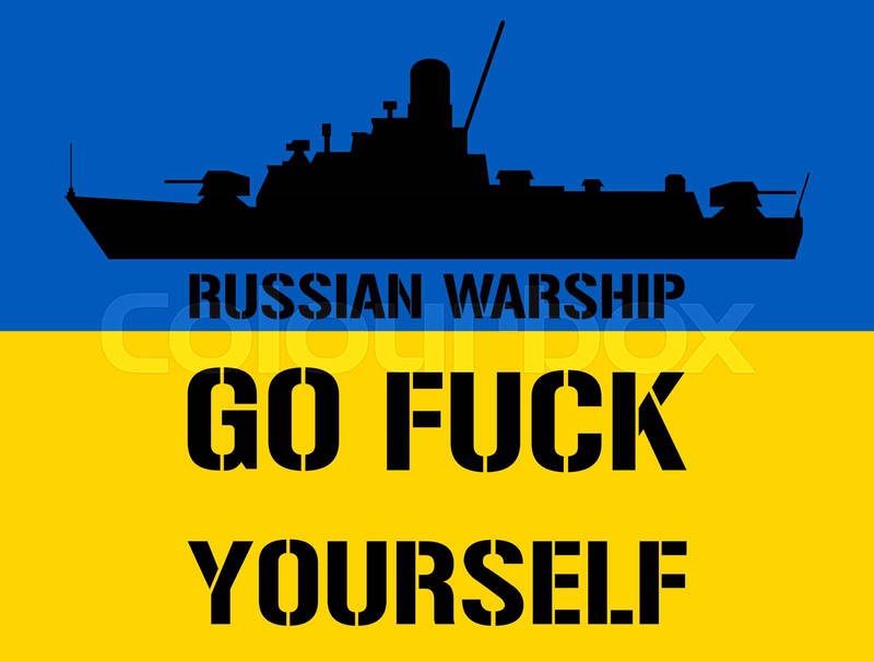 A black silhouette of a warship is centered against a blue and yellow background resembling the Ukrainian flag. Overlaid…