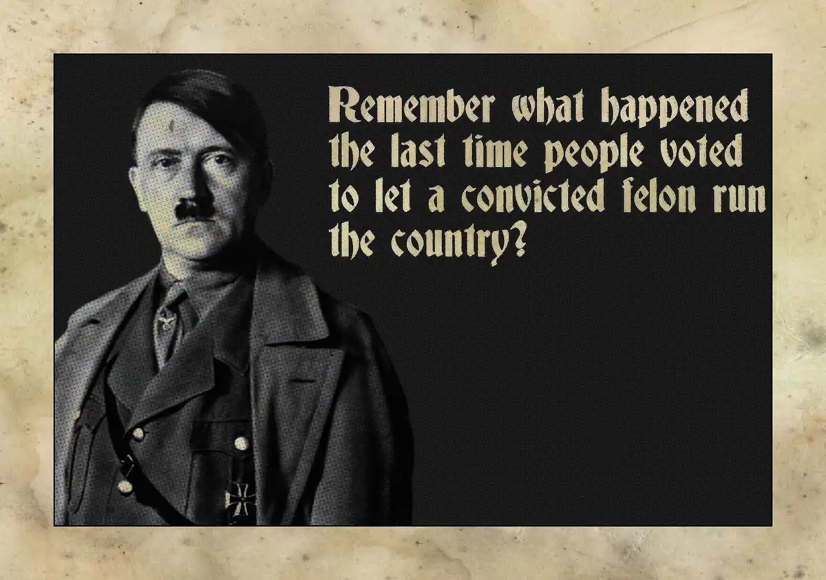 A black-and-white historical photograph of Adolf Hitler, wearing a military-style uniform with medals, is overlaid with the…
