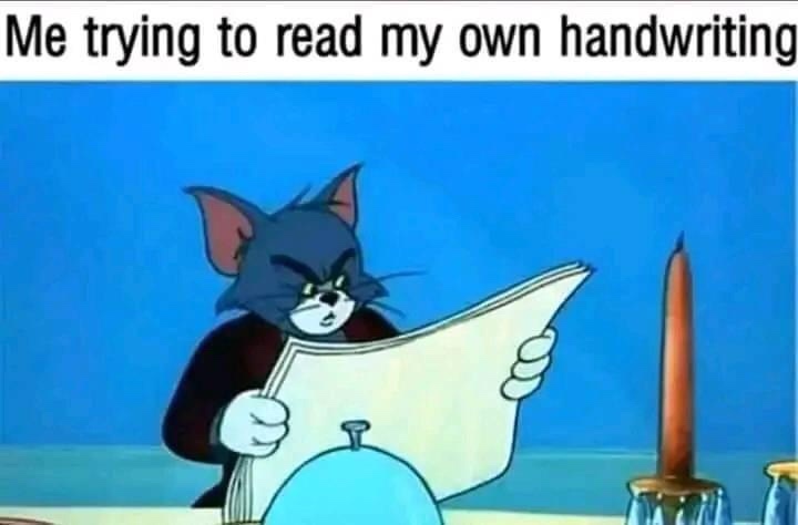 A cartoon cat, Tom from 'Tom and Jerry', is intensely focused while holding and looking at a piece of paper. He has a…