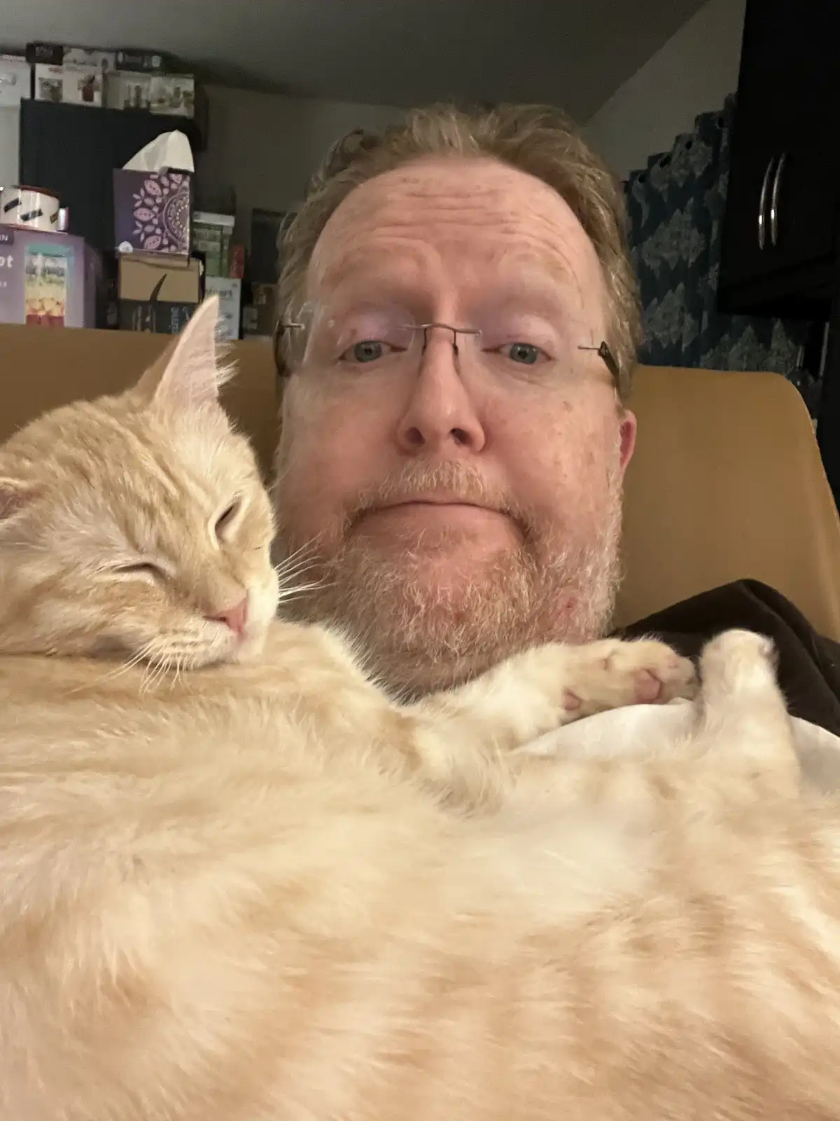 A man with glasses and a beard sits on a couch, looking directly at the camera with a neutral expression, while a large…