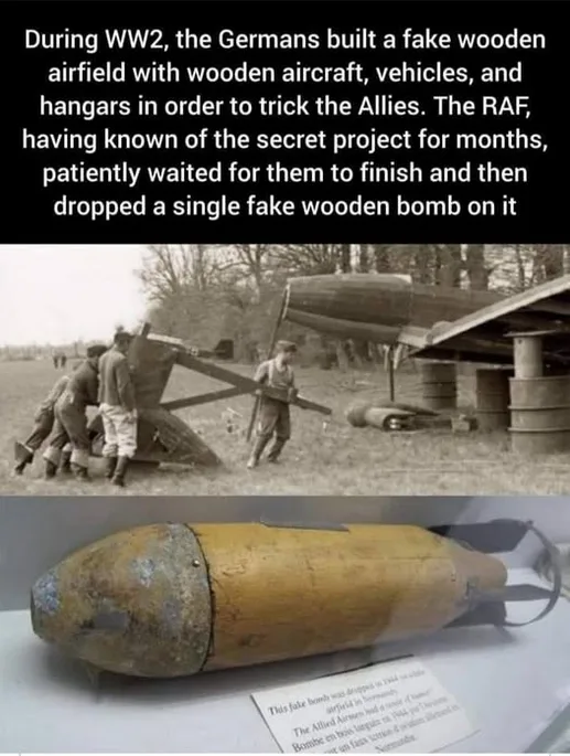 The image is a two-part meme. The top panel shows a black-and-white photo of soldiers around a crashed wooden airplane on a…