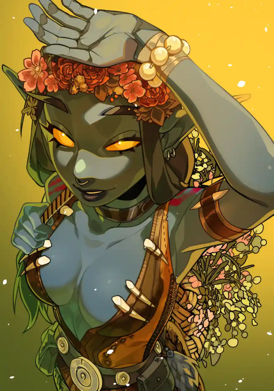 An illustrated green-skinned humanoid with glowing orange eyes, wearing a floral crown and armor, raises one hand while…
