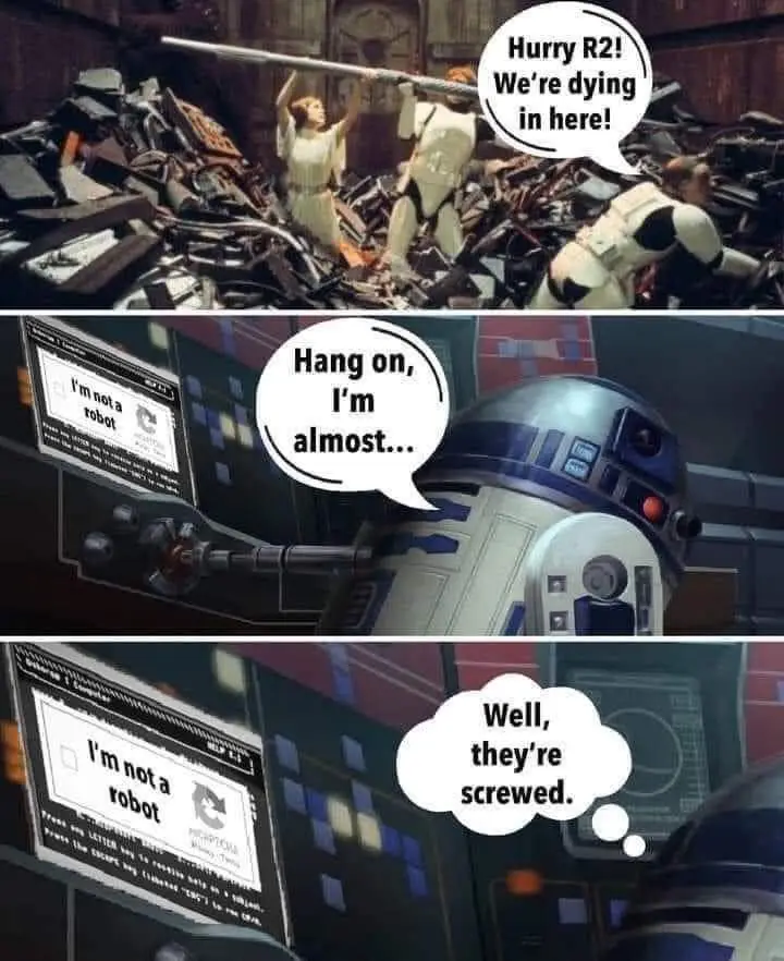 A three-panel meme using Star Wars scenes. Top panel shows Princess Leia and two stormtroopers trapped in a debris-filled…