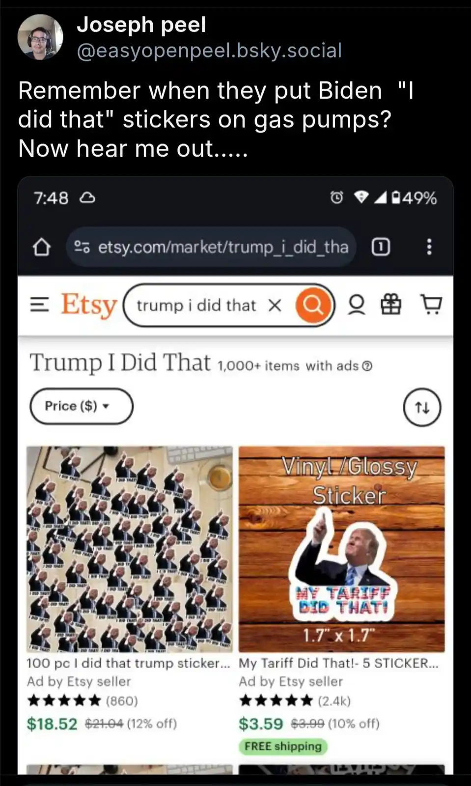 A screenshot of an Etsy search results page for 'trump i did that' shows two product listings. The left listing features a…