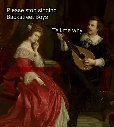 A classical painting depicts a man in a black velvet outfit with a lace collar playing a lute while seated next to a woman…