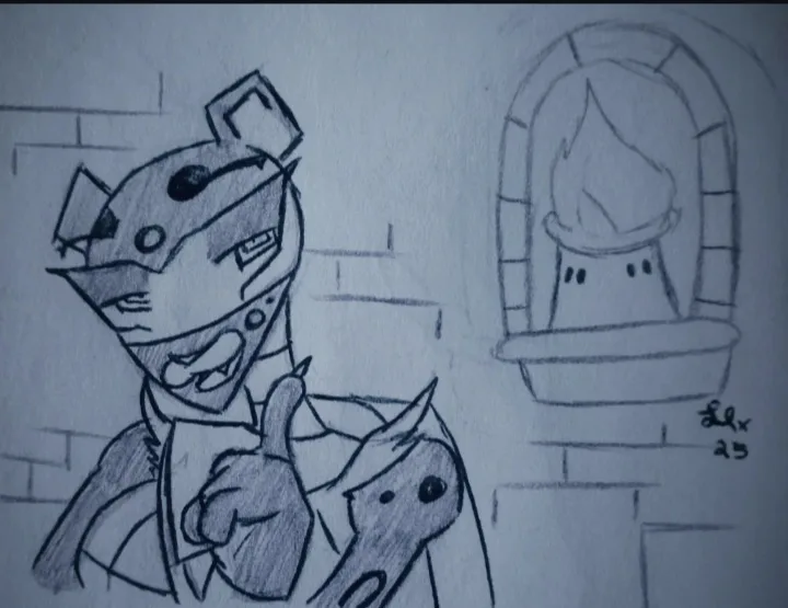 A hand-drawn pencil sketch shows a stylized, angular character with a helmet-like head giving a thumbs-up gesture while…
