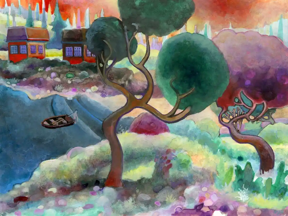 A colorful, painterly landscape with stylized trees, a small boat on water, and distant houses under a fiery sky. The…