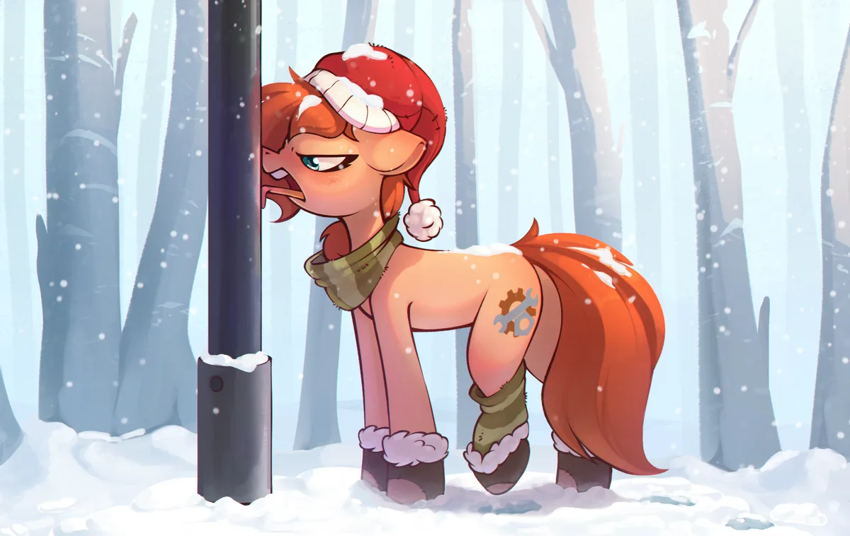 An orange pony wearing a red Santa hat and winter boots stands in a snowy forest, peeking around a pole with a grumpy…