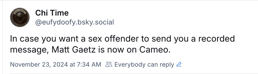 A screenshot of a social media post from 'Chi Time' (@eufydoofy.bsky.social) dated November 23, 2024, which reads: 'In case…