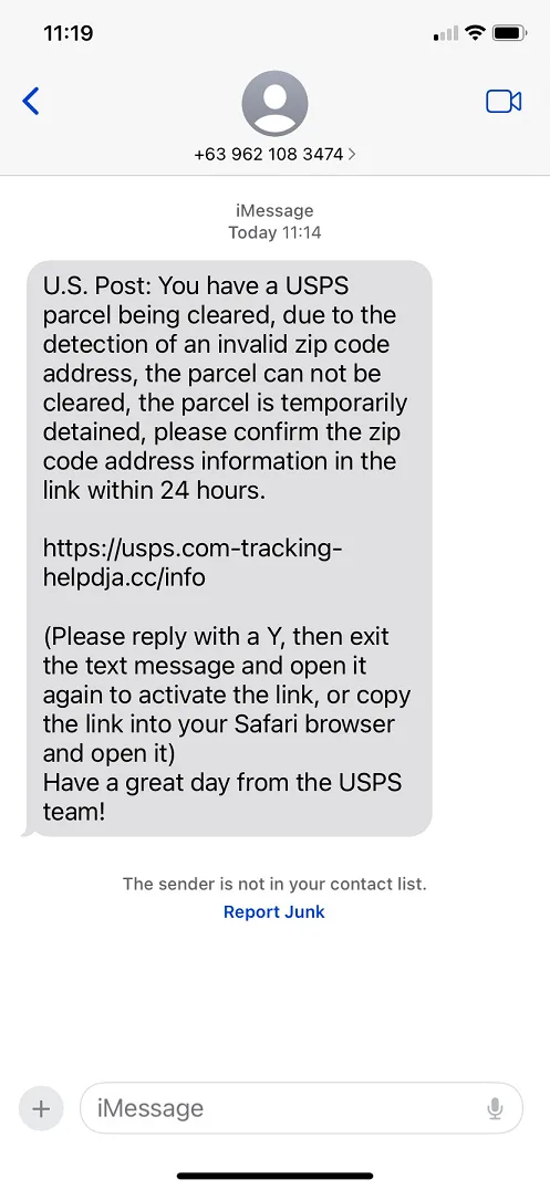 An iMessage screenshot shows a text message from an unknown sender claiming to be the U.S. Postal Service, stating a parcel…