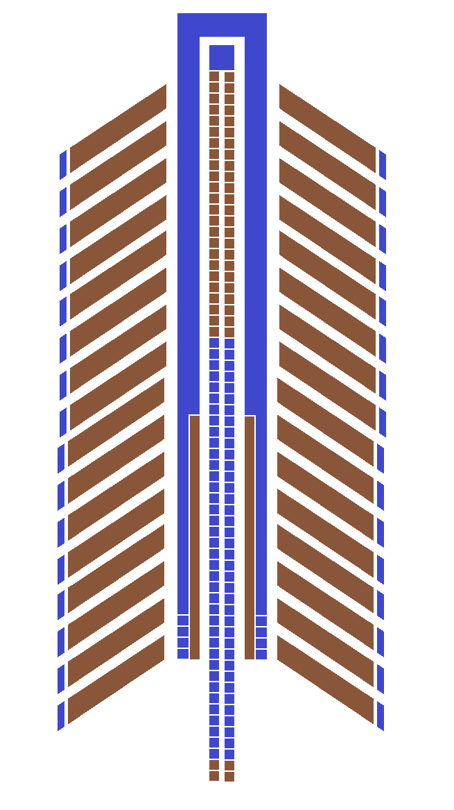 A stylized graphic of a tall blue building with brown diagonal stripes on its sides, resembling a skyscraper or office…