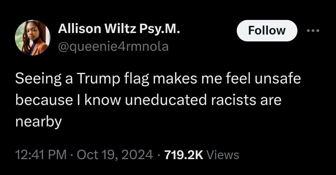 A screenshot of a tweet by Allison Wiltz Psy.M. (@queenie4rmnola) with a black background and white text. The tweet reads…