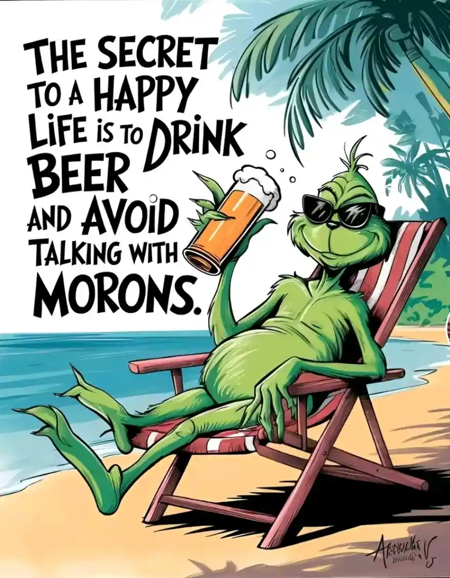 A green, furry cartoon character resembling the Grinch lounges in a red and white striped beach chair on a sandy shore…