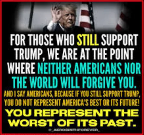 A dark, high-contrast image of Donald Trump waving, framed by an American flag, overlaid with bold, multi-colored text…