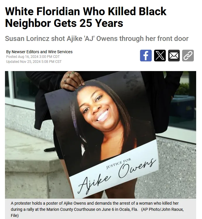 A screenshot of a news article with a headline reading 'White Floridian Who Killed Black Neighbor Gets 25 Years'. Below the…