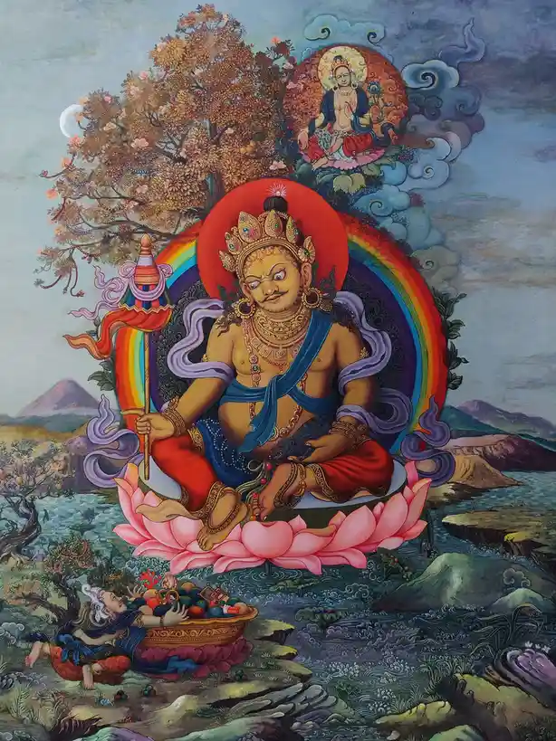 A traditional Tibetan Buddhist thangka painting depicts a wrathful deity seated on a lotus, holding a staff, with a rainbow…