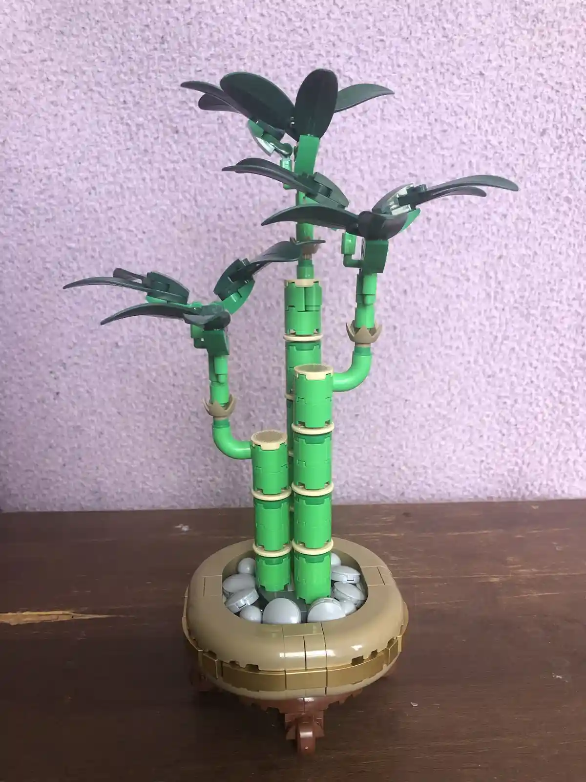 A LEGO-built plant model with green stalks, dark green leaves, and a tan pot filled with gray LEGO pieces, sits on a wooden…