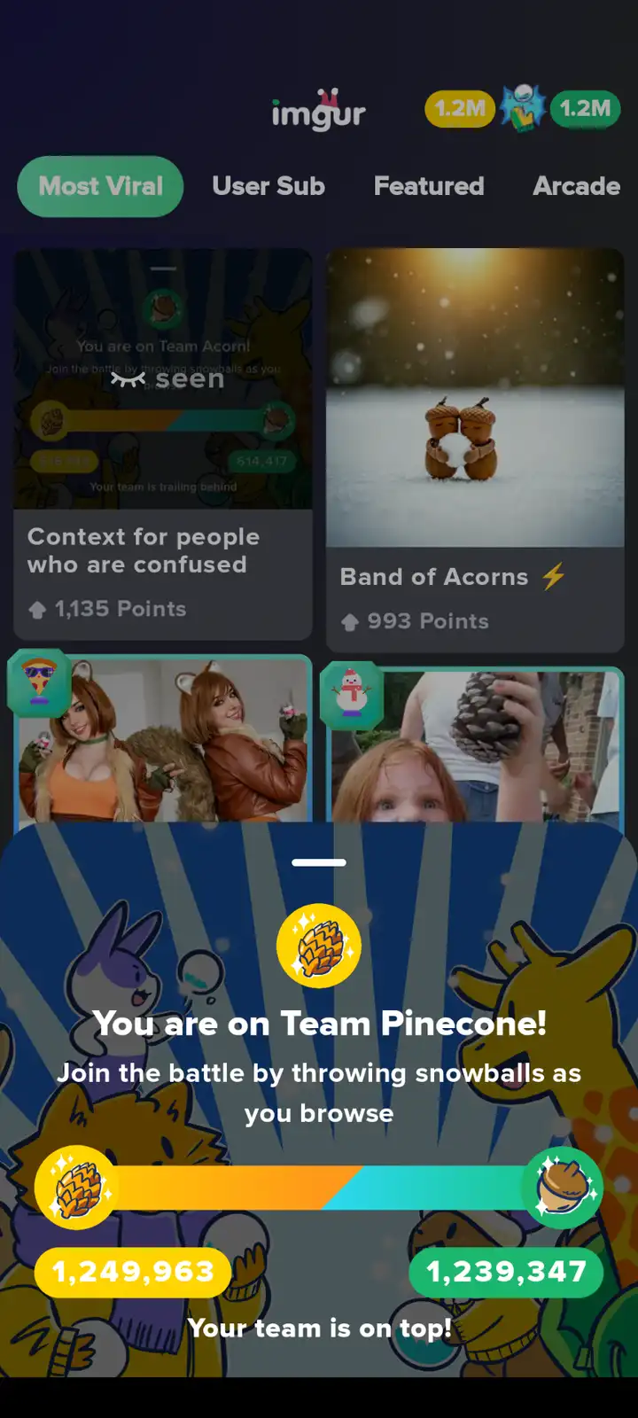 An Imgur mobile app screenshot showing a 'Band of Acorns' game overlay where the user is on 'Team Pinecone' with 1,249,963…