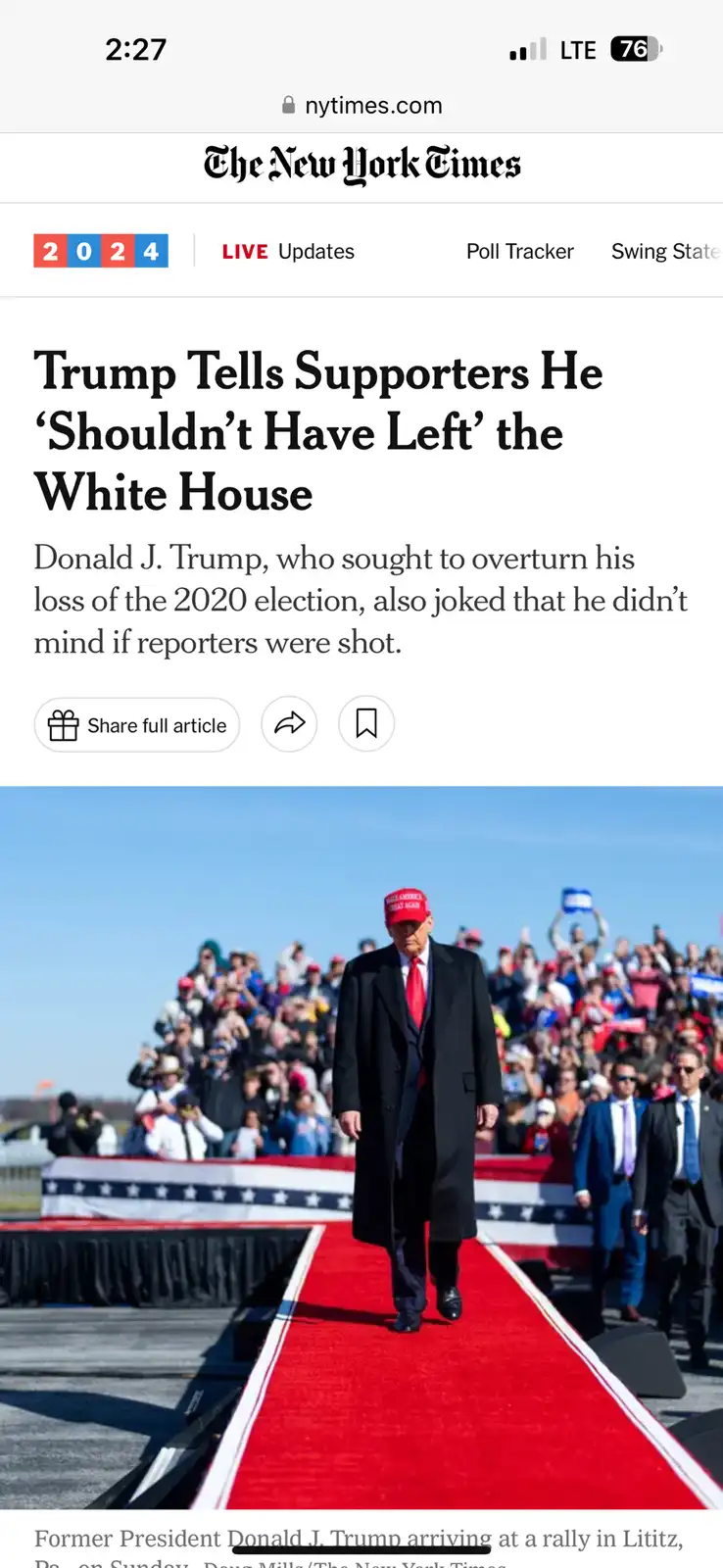 A screenshot of a New York Times article from 2024 shows former President Donald J. Trump walking down a red carpet at a…