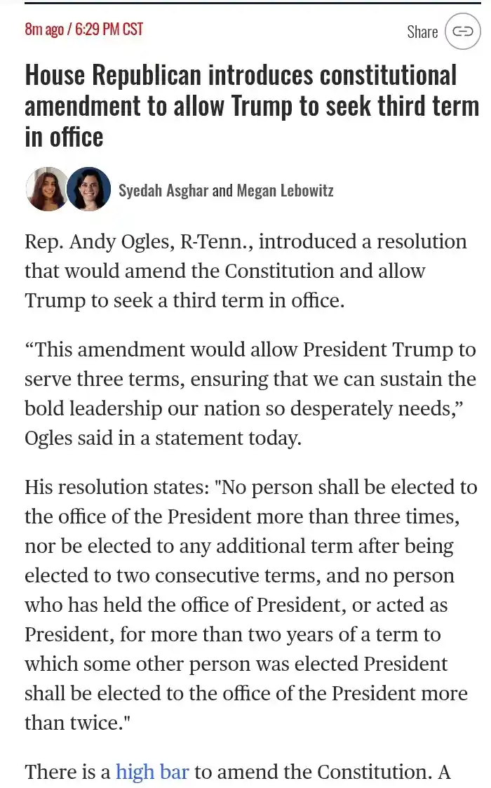 A screenshot of a news article headline reads 'House Republican introduces constitutional amendment to allow Trump to seek…
